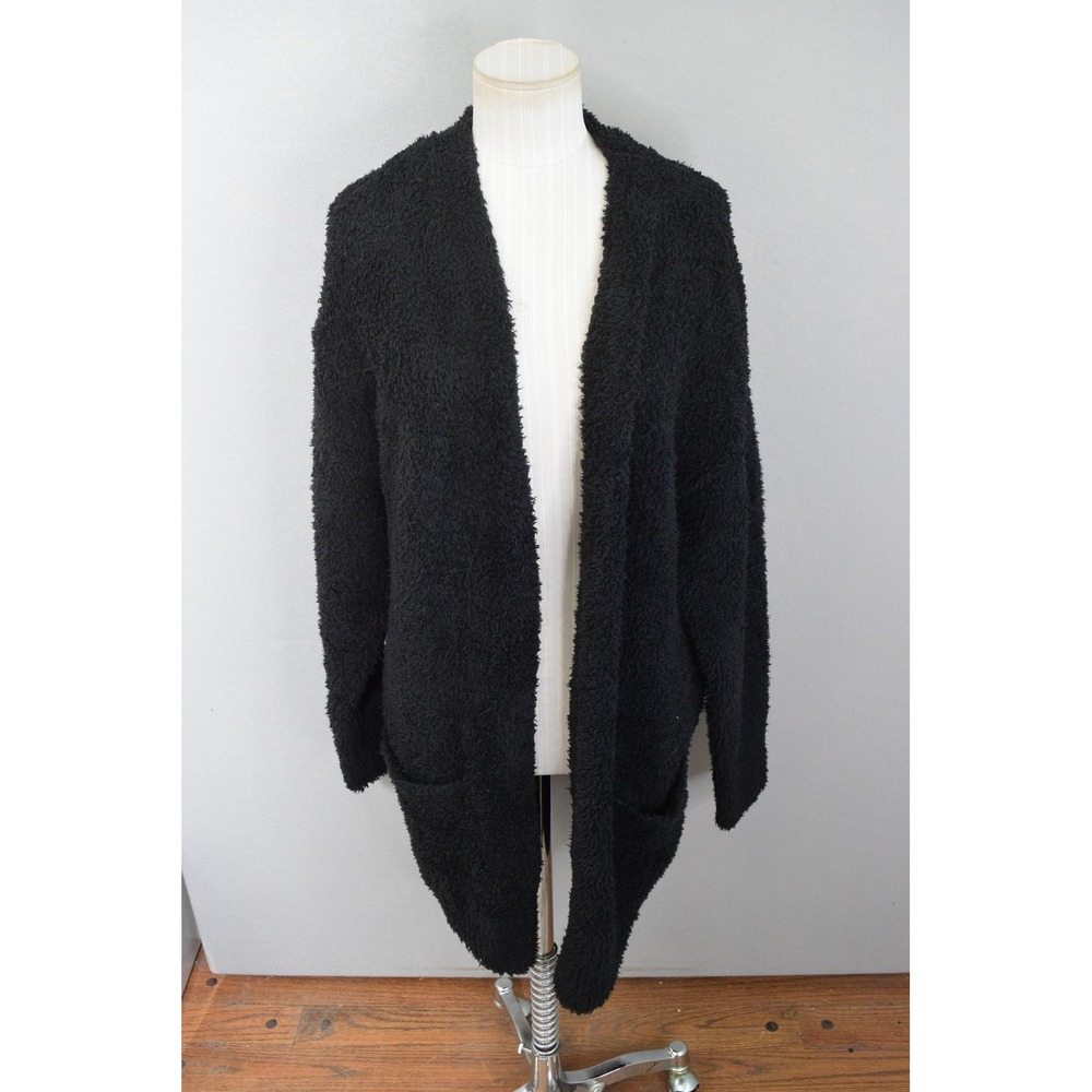 Barefoot Dreams Cardigan L/XL Black CozyChic Open Front Pockets Deep Pile NEW